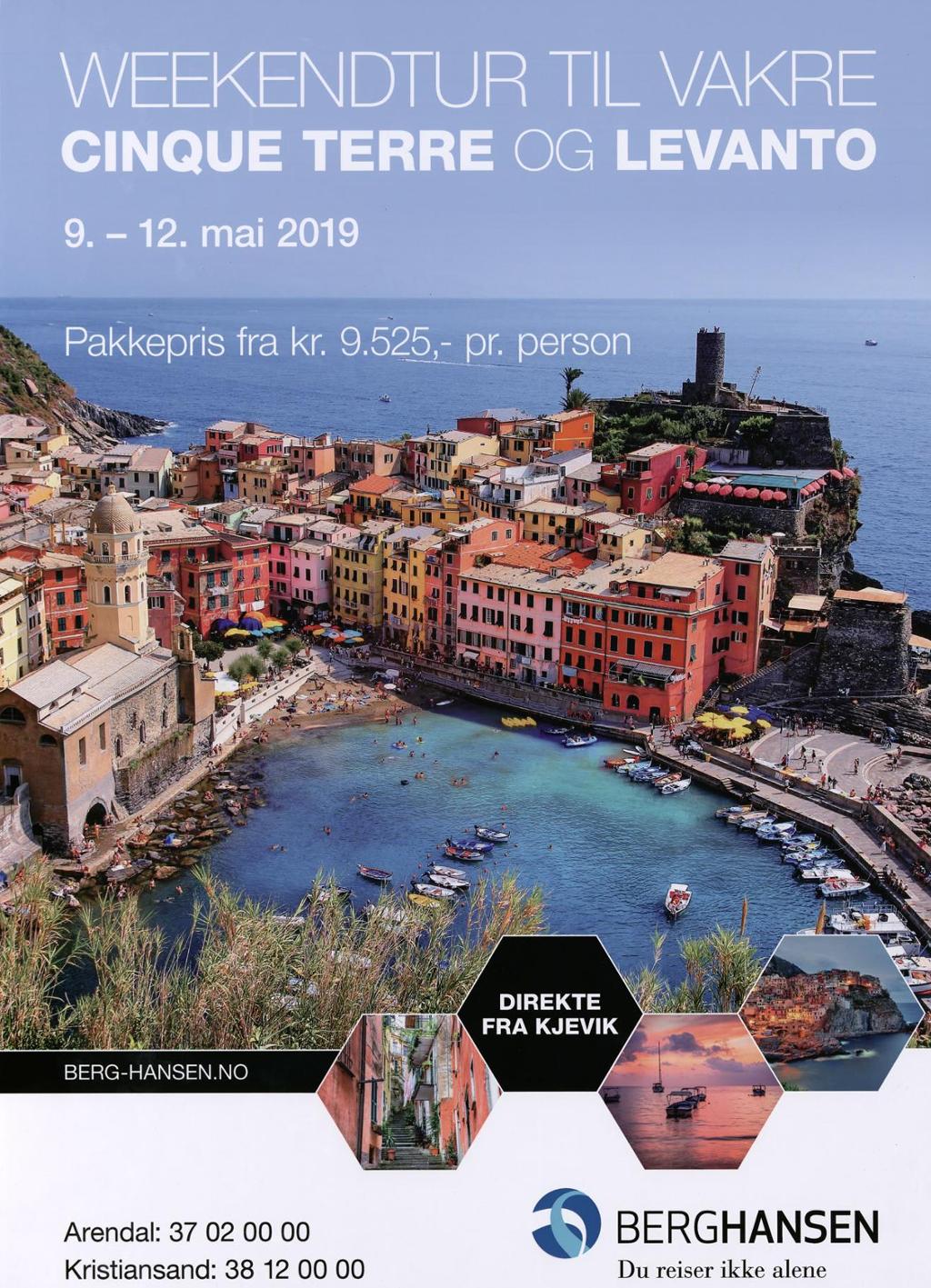 Reklameplakat for reisebyrået Berg-Hansen, som tilbyr pakkepris på weekendtur til Cinque Terre og Levanto, direkte frå Kjevik.