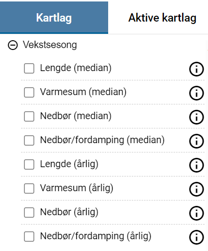 Skjermdump av utdrag av meny fra det digitale kartverktøyet Kilden. Menyen viser kartlaget Vekstsesong med lengde, varmesum, nedbør og fordamping. Foto.