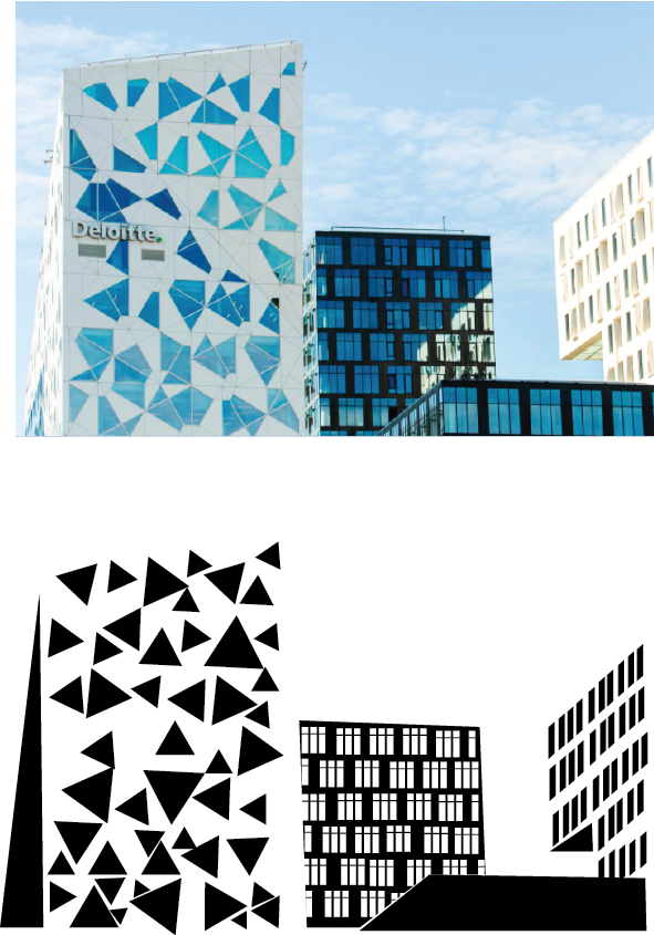 Fotomontasje som viser utsnitt av høyblokker øverst og svarthvite former i samme komposisjon nederst.