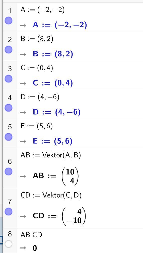 CAS-utrekning i GeoGebra. Linje 1 til 5 definerer punkta A til E. Linje 6 og 7 definerer vektorane A B lik 10 over 4 og C D lik 4 over minus 10. Linje 8 viser at A B multiplisert med C D er lik 0. Skjermutklipp. 