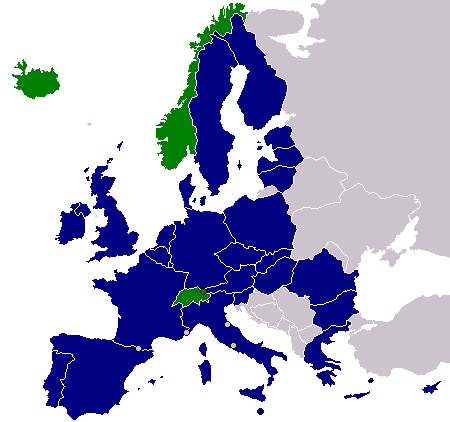 Illustrasjon av et europakart over EU- og EFTA-land. Kartet viser at de fleste vesteuropeiske land og noen østeuropeiske land er medlemmer av EU, mens Norge, Island og Sveits er medlemmer av EFTA.