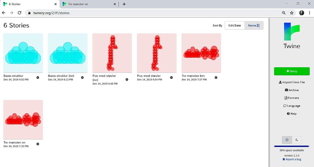 Oversikt over fortellingene i Twine. Skjermbilde.