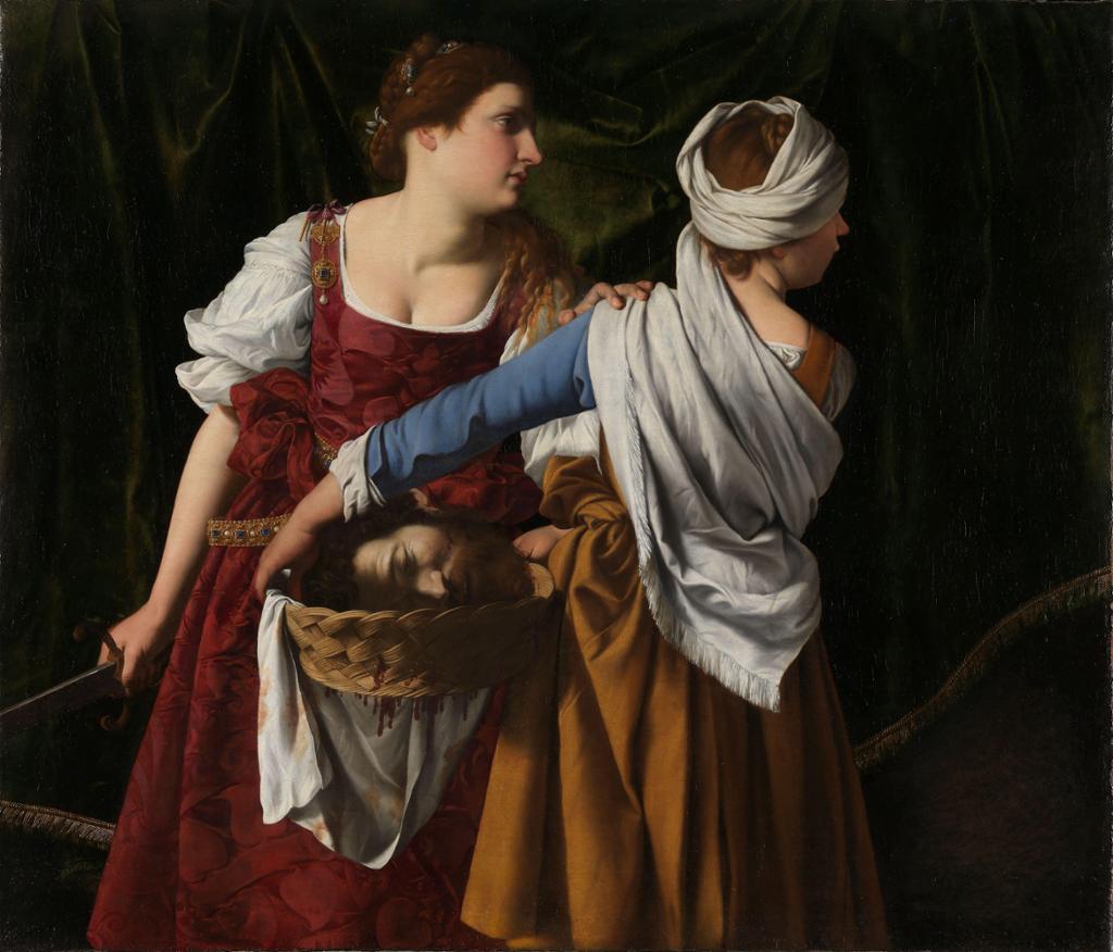 Foto av maleriet Judith og tjenestekvinnen med Holofernes' hode. Hodet ligger i en kurv, mens kvinnene ser etter noe.