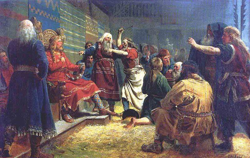 Gammelt maleri som viser samling på et gilde. En bonde kaster seg mot kong Håkon som sitter på trona. Maleri.