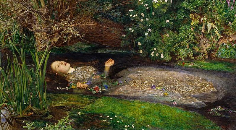 Painting: We see a woman floating down a river. She is wearing a light coloured dress, and she is clutching flowers. There are reeds in the river and flowers and trees along the bank of the river. From the title we realise that this is Ophelia. She has drowned, or is drowning. 