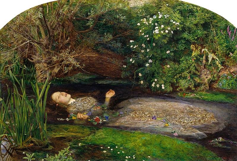 Painting: We see a woman floating down a river. She is wearing a light coloured dress, and she is clutching flowers. There are reeds in the river and flowers and trees along the bank of the river. From the title we realise that this is Ophelia. She has drowned, or is drowning. 