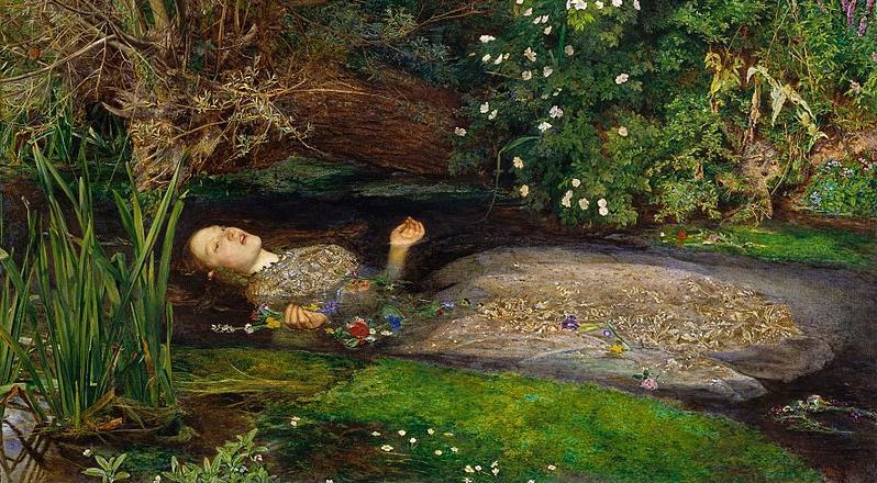 Painting: We see a woman floating down a river. She is wearing a light coloured dress, and she is clutching flowers. There are reeds in the river and flowers and trees along the bank of the river. From the title we realise that this is Ophelia. She has drowned, or is drowning.