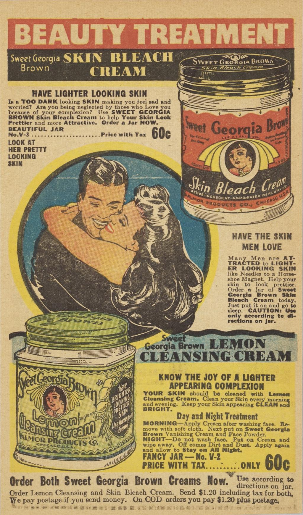 An advertisement from the 1930s for Sweet Georgia Brown skin bleaching cream and lemon cleansing cream.
