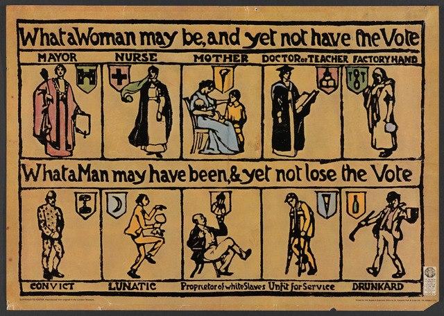 A suffragette poster showing different positions women can have (doctor, teacher...)and still not have the vote, and different things men can be (lunatic, drunkard...) and still not lose the vote.  