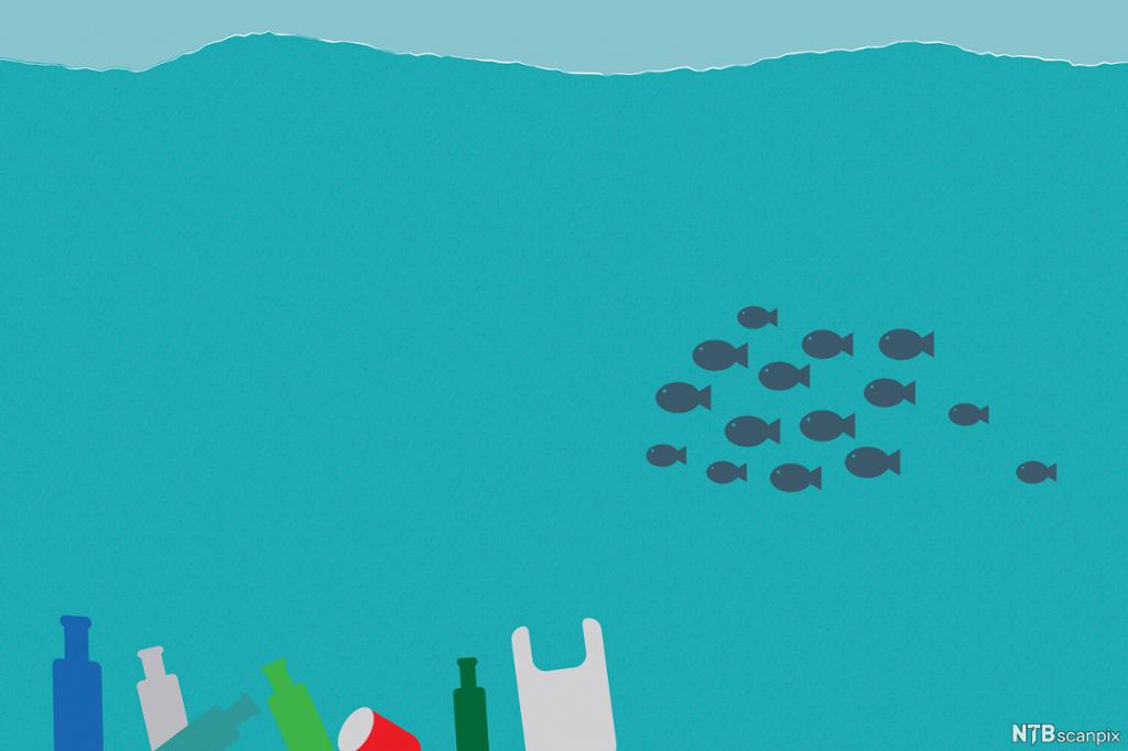 Plast på bunnen av havet. Fisker svømmer over. Illustrasjon.