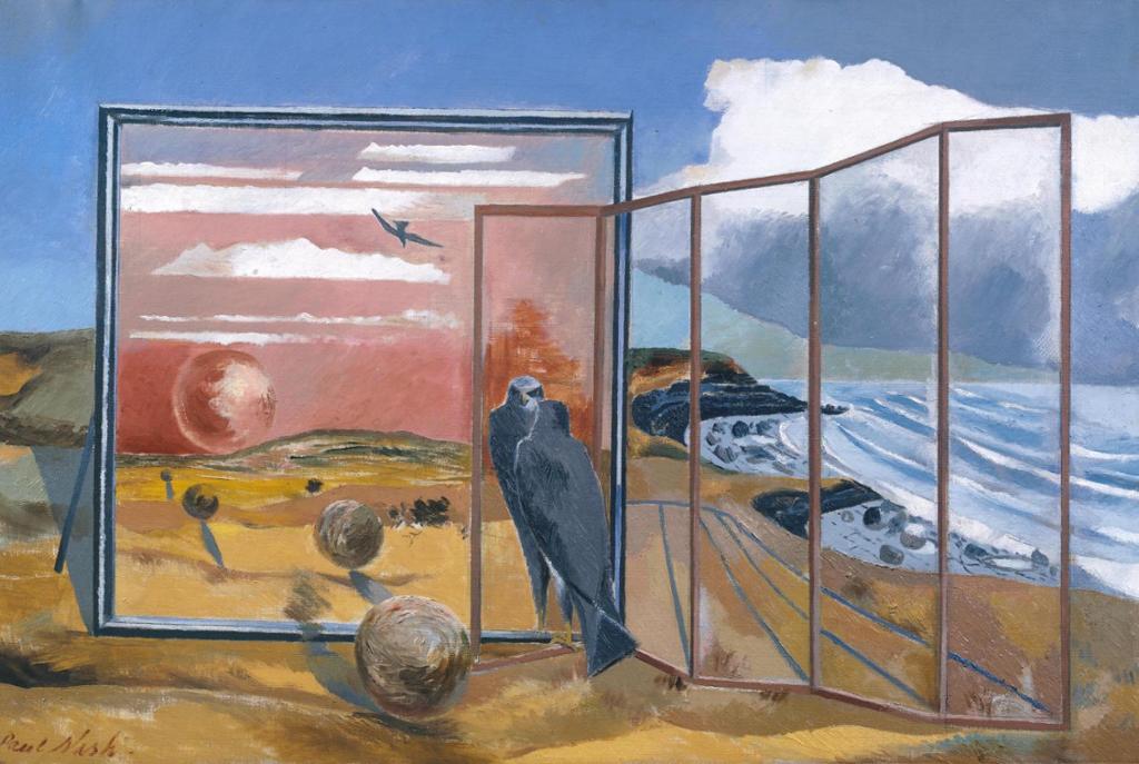 Photo of the painting Landscape  From a Dream by Paul Nash. In a coastal landscape there are orbs, and a bird flying, and a bird reflected in a mirror. 