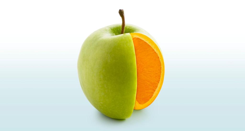 Eit eple som ser ut som ein appelsin innvendig. Foto.