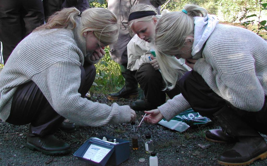 Tre jenter sitter på huk og analyserer vannprøver ute i felt. Foto.
