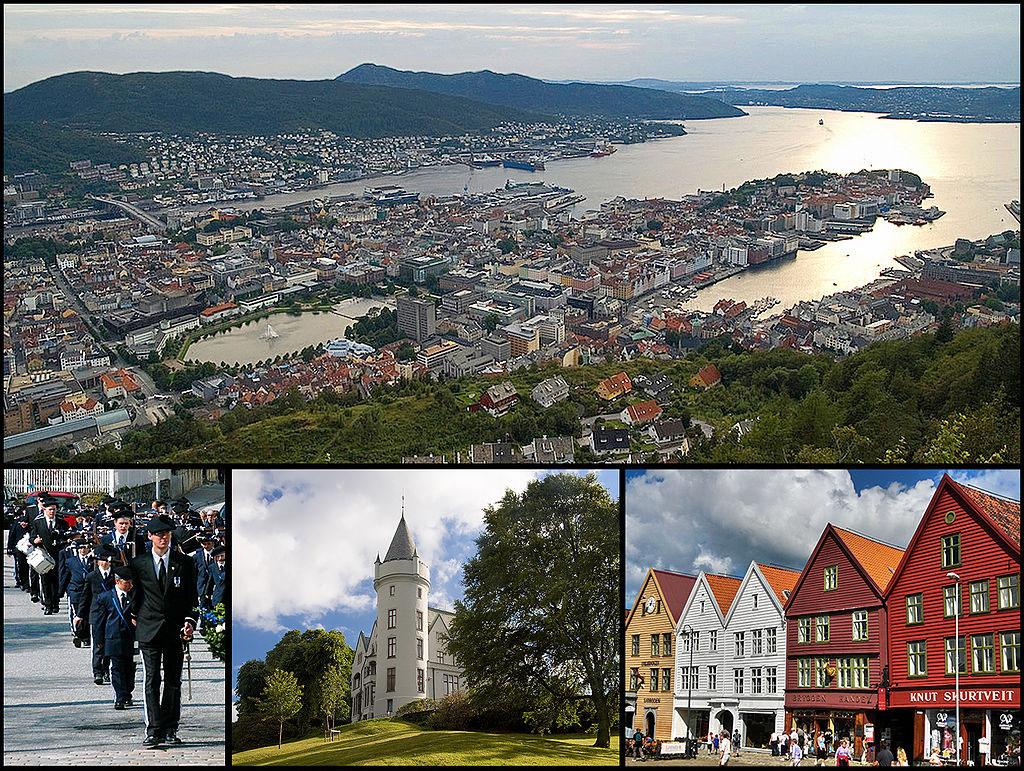 Bergen sett i fugleperspektiv, et buekorps som marsjerer i gatene, sjøbodene på Bryggen, og Edvard Grieg Museum Trollhaugen. Fotografier.