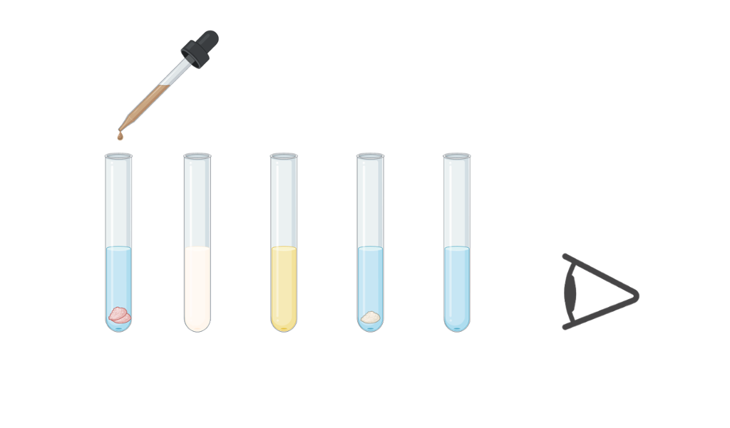 Reagensrør med prøver fra ulike matvarer. Pipette med brun væske drypper en dråpe oppi det ene reagensrøret. Illustrasjon.