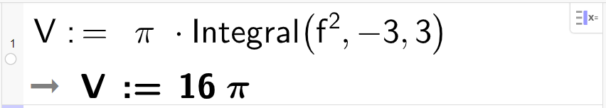 Beregning av volum av ellipsoide i CAS, ei linje. Det står V kolon er lik pi ganger Integral parentes f opphøyd i andre komma minus 3 komma 3 parentes slutt. Resultatet blir 16 ganger pi. Skjermutklipp.