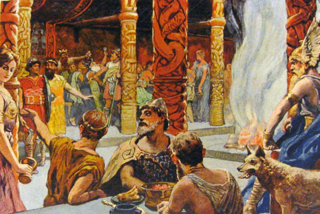 Maleri som forestiller livet i Valhall. Mannlige krigere – einherjer – sitter ved bordene. De blir servert mat og mjød av kvinnelige valkyrjer. Til høyre ser vi Odin med en av ulvene sine.