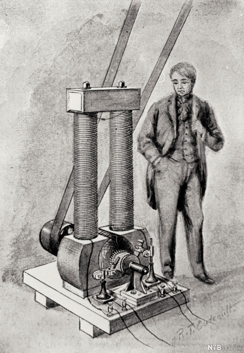 Thomas Edison ved en dynamo. Illustrasjon.
