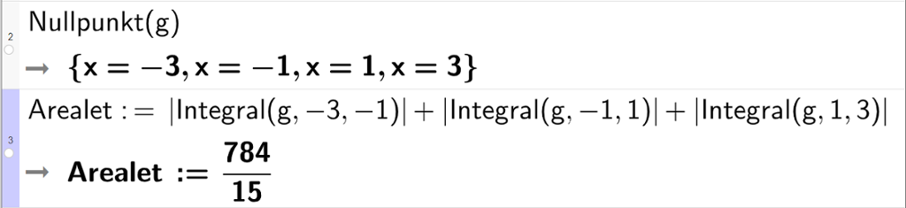 CAS-vinduet i GeoGebra. På linje 1 er det skrevet Nullpunkt parentes g parentes slutt. Svaret er x-verdiene minus 3, minus 1, 1 og 3. På linje 2 er det skrevet Arealet kolon er lik absoluttverditegn Integral parentes g komma minus tre komma minus 1 parentes slutt absoluttverditegn slutt pluss absoluttverditegn Integral parentes g komma minus 1 komma 1 parentes slutt absoluttverditegn slutt pluss absoluttverditegn Integral parentes g komma 1 komma 3 parentes slutt absoluttverditegn slutt. Arealet blir 784 delt på 15. Skjermutklipp.