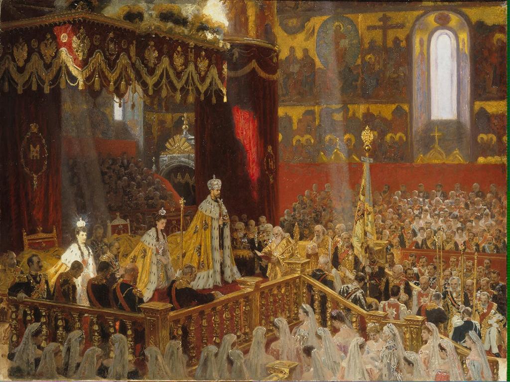 Kroning av tsar Nikolaj 2 og keisarinne Aleksandra i 1898. Overdådig seremoni med russisk-ortodokse prestar og fullsett kyrkje. Måleri.