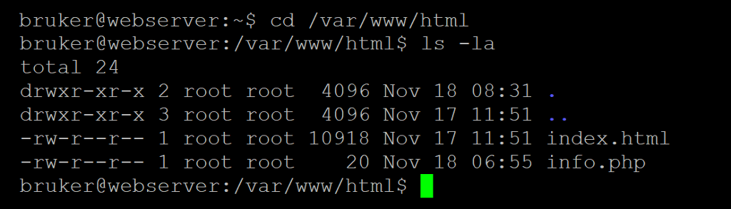 tilbakemelding fra linux som viser innholdet i mappen "/var/www/html". Skjermbilde