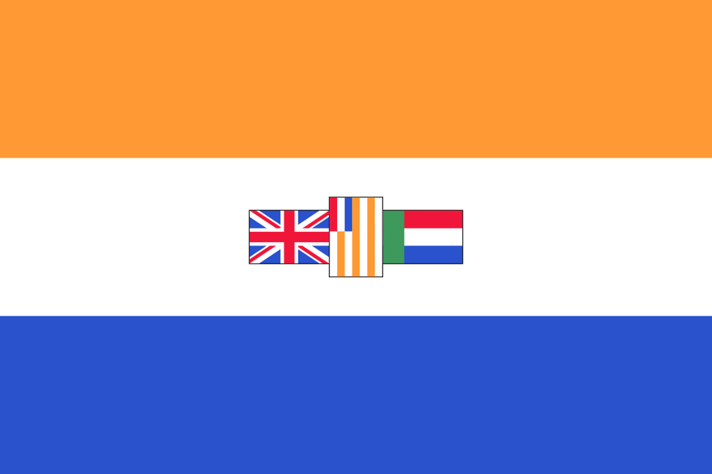 Old South African flag. It has an orange line, a white line, and a blue line. At the centre are three flags: the Union Jack, the flag of the Orange free state, and the flag of Transvaal. The orange line in the flag is a reference to the Netherlands where many of the first white settlers came from. Picture. 