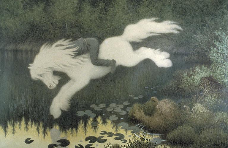 "Gutt på hvit hest" av Theodor Kittelsen. Maleri.