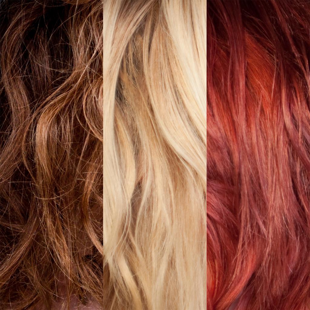 Tre ulike hårfarger (brunt, blondt og rødt hår). Foto.