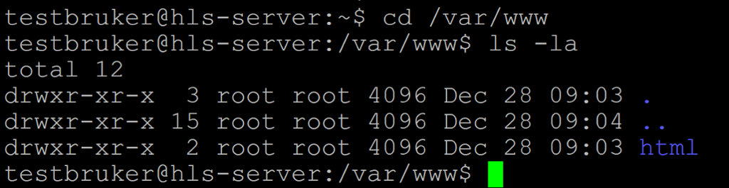 Linux-kommandoane "cd /var/www" og "ls -la" er køyrde i Linux-kommandolinje. Ei mappe er merkt "html", og rootbrukar er eigar. Skjermbilete.