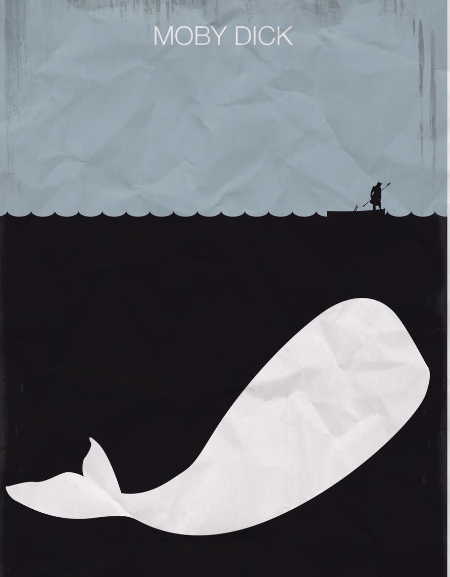 Cover art: We see a man in a small boat holding a harpoon. In the ocean underneath him is a gigantic, white whale. 