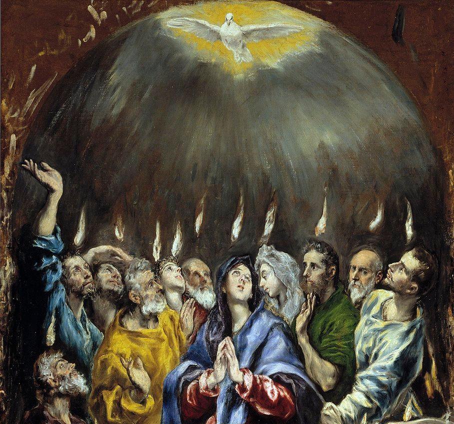 Maria og disiplane til Jesus har eld over hovuda sine. Dei ser opp mot ei due, som representerer Den heilage ande. Måleri.