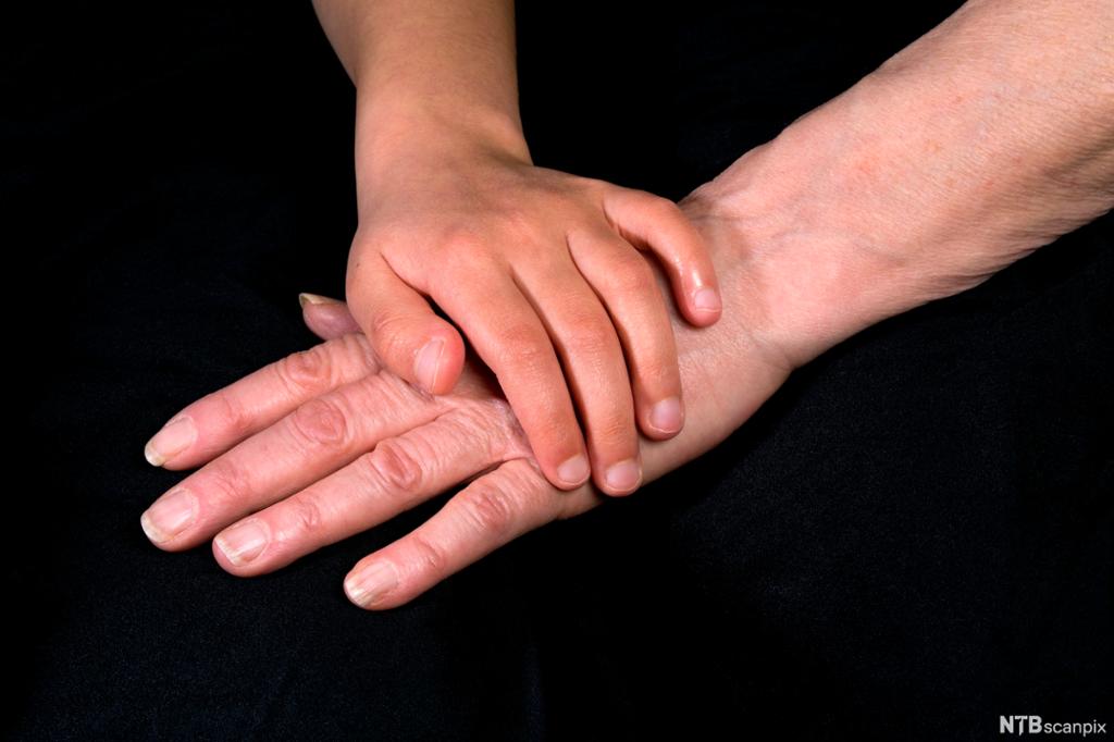 En barnehånd over hånden til en voksen. Foto.