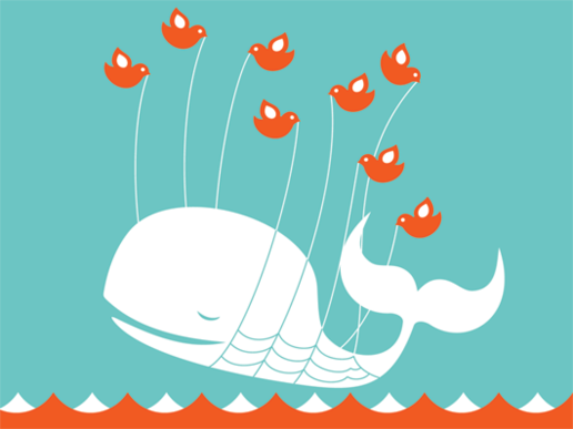 Illustration: Orange birds in the shape of the Twitter logo lift a whale above the sea. The whale looks happy. 