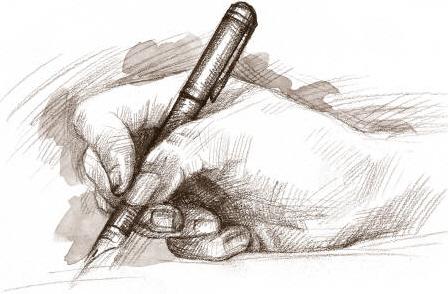 En hånd holder i en penn. Illustrasjon.