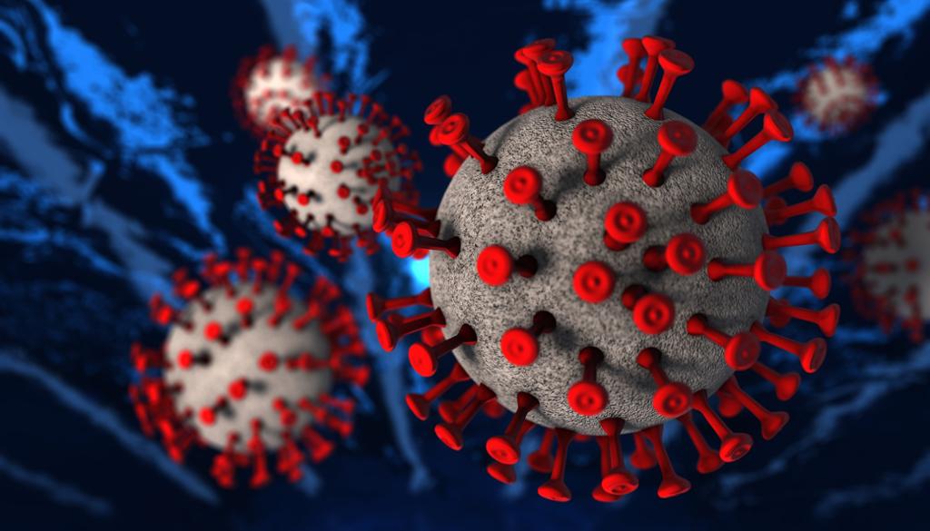 Digital 3D-tegning av covid-19-virus på nært hold.