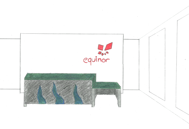 Forslag til resepsjonsskranke i blått, grønt og grått for Equinor, med logo på veggen bak. Tegning.