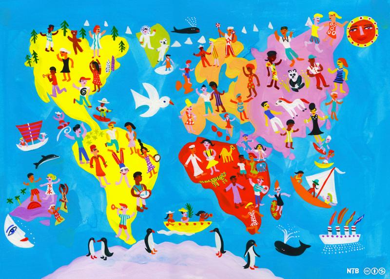 Illustration: We see a world map drawn in a child-like style with bright colours, animals, boats, and people. 