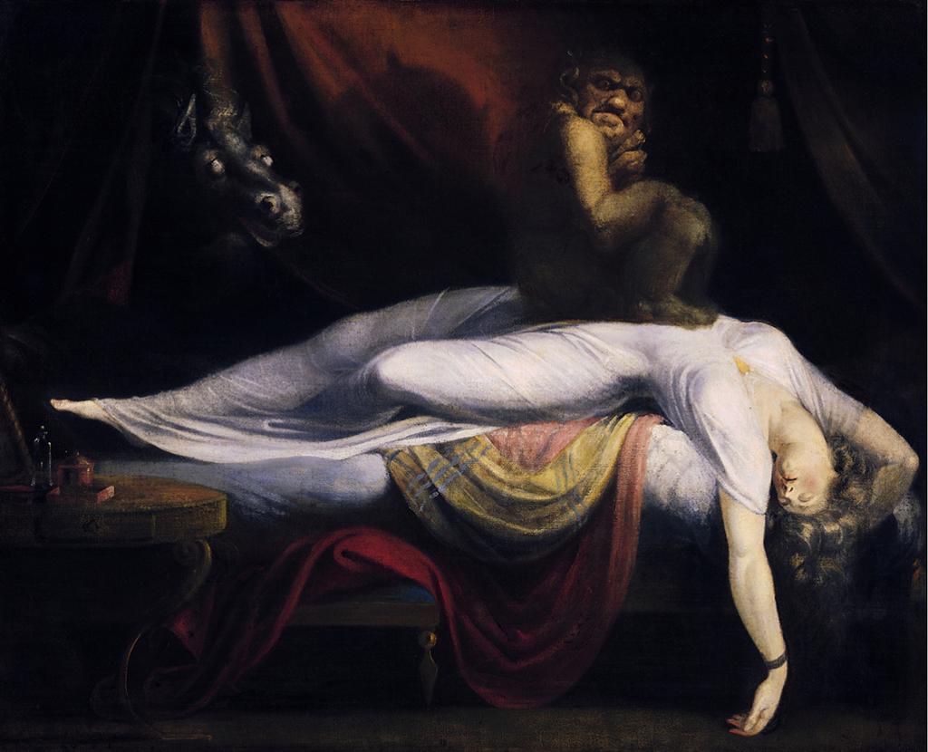 Painting: A woman wearing a white dress is lying on a bed, her arms above her head, she seems unconscious. A dark brown creature is sitting on her chest. In the background, there is a horse's head.
