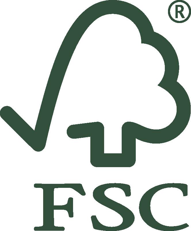 Logo som viser ein hake som går over til å bli eit tre over bokstavane FSC. Illustrasjon.