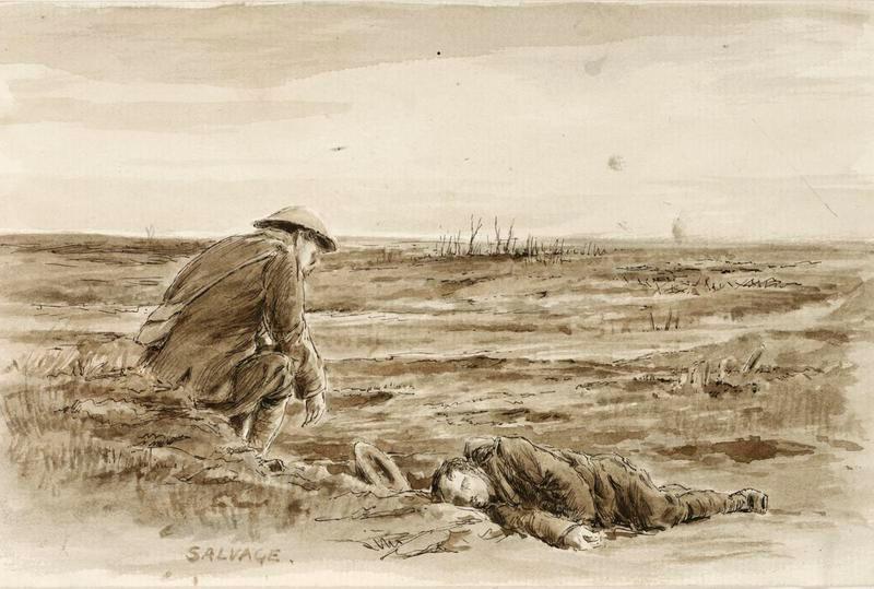 A soldier contemplating the body of a dead comrade. Sketch.