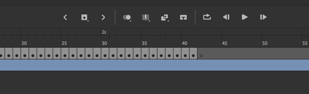 Bilde av tidslinje i Animate. Langs linja ligger en rekke grå rektangler med en svart runding i; dette er keyframe-er. Til slutt på linja er det et mørkere rektangel med en hvit runding, og dette er en tom keyframe. Skjermbilde. 