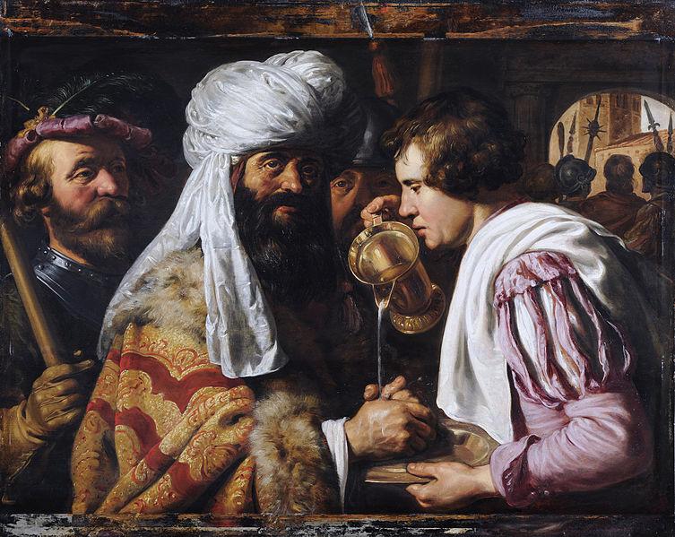 En mann med turban og skjegg får vaska hendene sine av en tjener. Maleri.