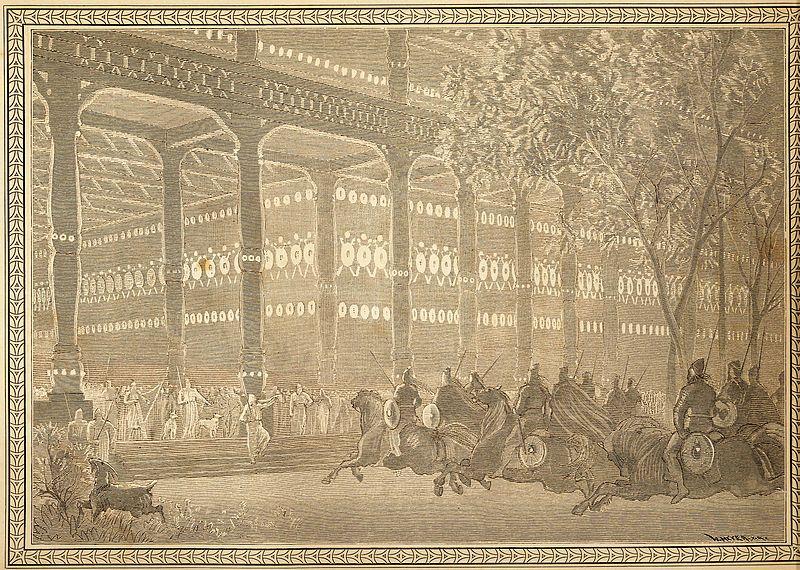 En gammel illustrasjon av Valhall. En rekke krigere rir mot et stort bygg med søyler og utsmykninger. Illustrasjon.
