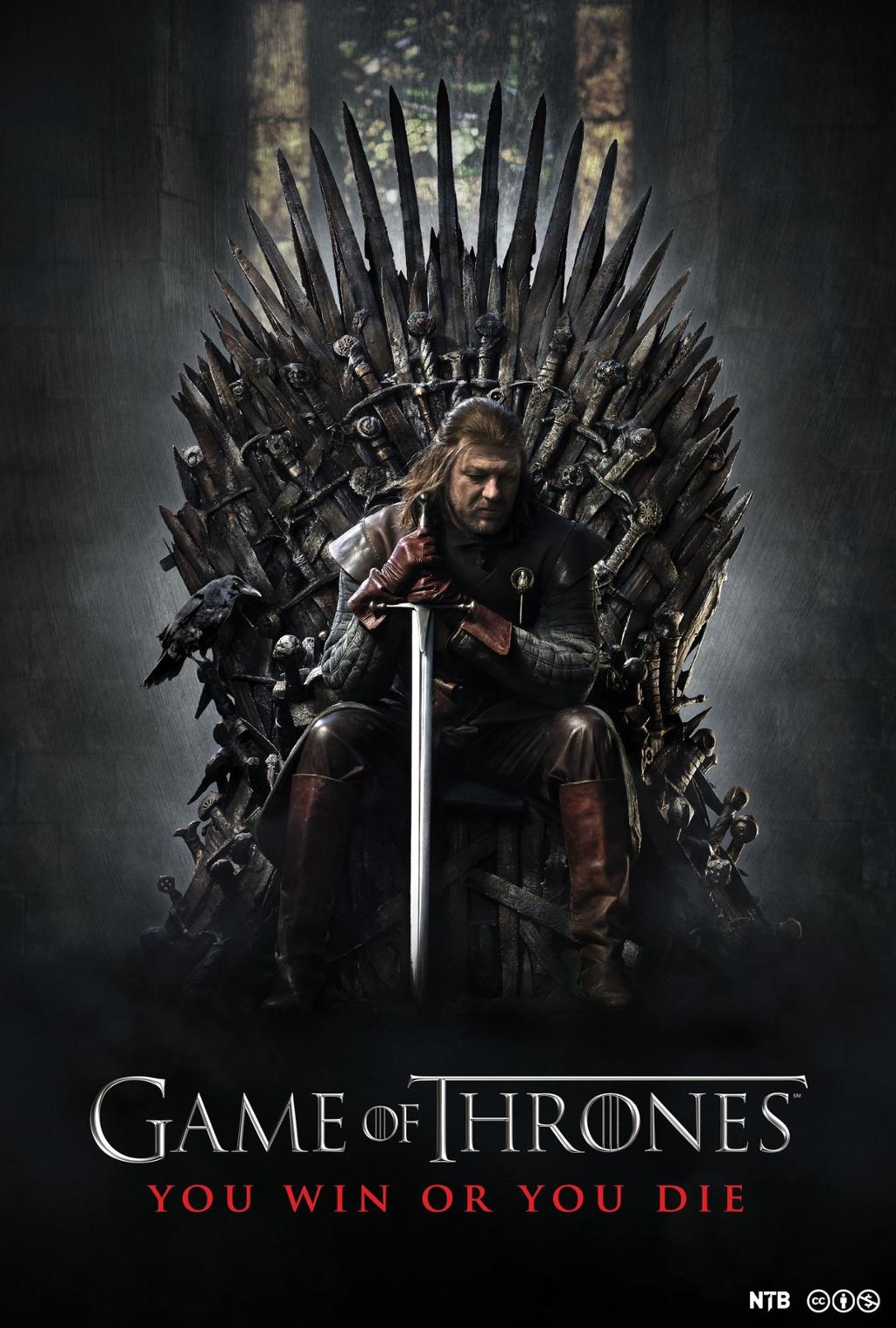 En mann sitter med et sverd på en trone. Filmplakat for Game of Thrones. Foto