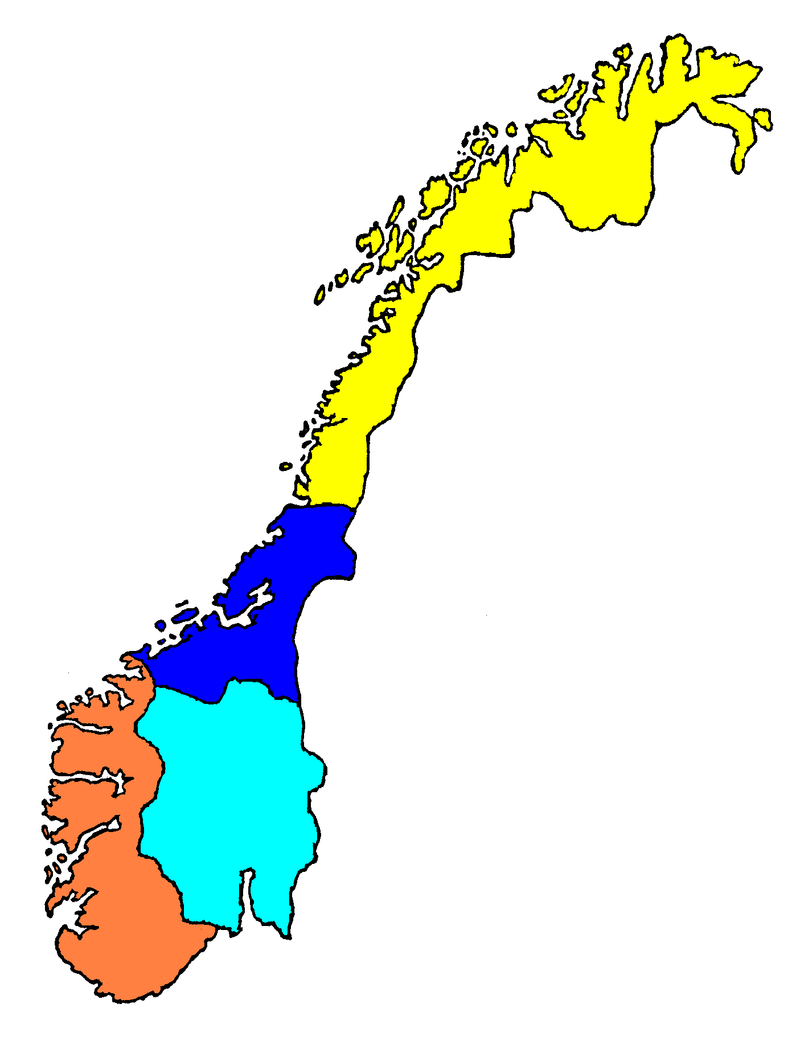 Kart over de fire norske geolektområdene nordnorsk, trøndersk, vestlandsk og østlandsk. Illustrasjon.