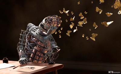 En robot formet som et sjellett av jern. Tanker flyr ut av hodet som gylne sommerfugler. Digitalt foto.