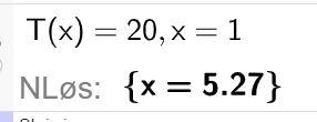CAS-utregning i GeoGebra. T av x er lik 20 komma x er lik 1. Svaret med N Løs x er lik 5,27. Skjermutklipp.