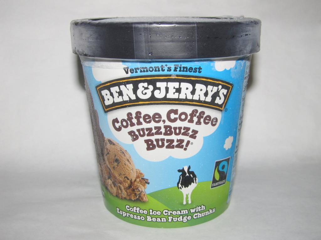 En uåpnet boks iskrem med kaffesmak fra Ben & Jerry's. Foto.