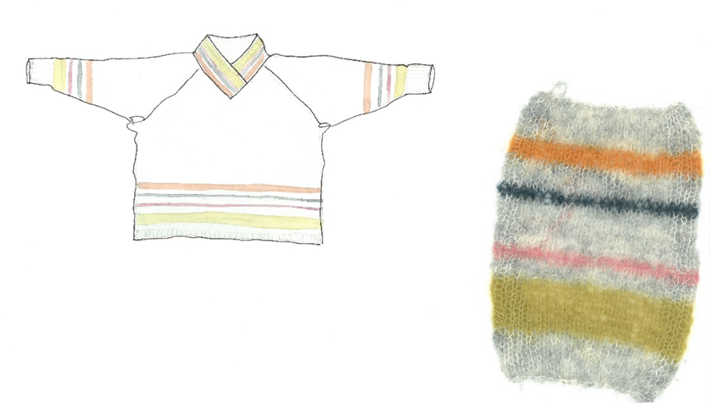 Skisse til strikkegenser i grønt, grått, rosa og oransje saman med strikkeprøve. Tegkning og foto.