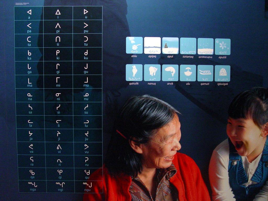 Two Inuit women are sitting in front of a table over their alphabet. Foto.